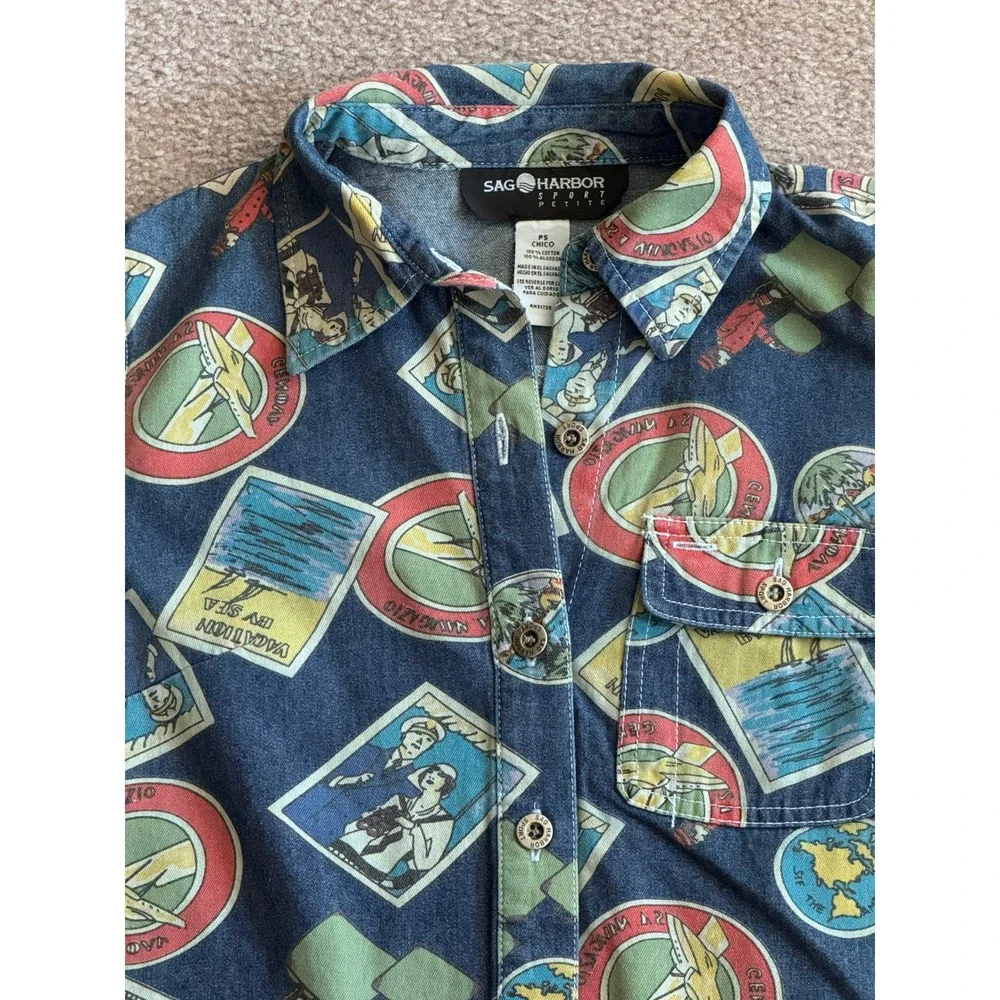 Sag Harbor Sport Petite Vintage Travel Postcard Print Denim Shirt RARE FIND